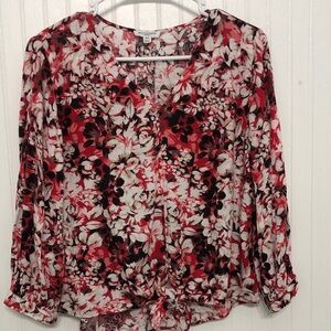 V-Neck Linen Blend FLORAL TIE FRONT TOP Cute 3/4 Slv EUC